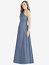 Side View Thumbnail - Larkspur Blue Pleated Draped One-Shoulder Satin Maxi Dress with Pockets