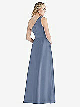 Rear View Thumbnail - Larkspur Blue Pleated Draped One-Shoulder Satin Maxi Dress with Pockets