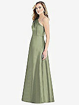 Side View Thumbnail - Sage Pleated Draped One-Shoulder Satin Maxi Dress with Pockets