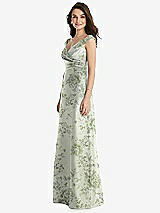 Side View Thumbnail - Cottage Rose Sage Off-the-Shoulder Draped Wrap Floral Satin Maxi Dress