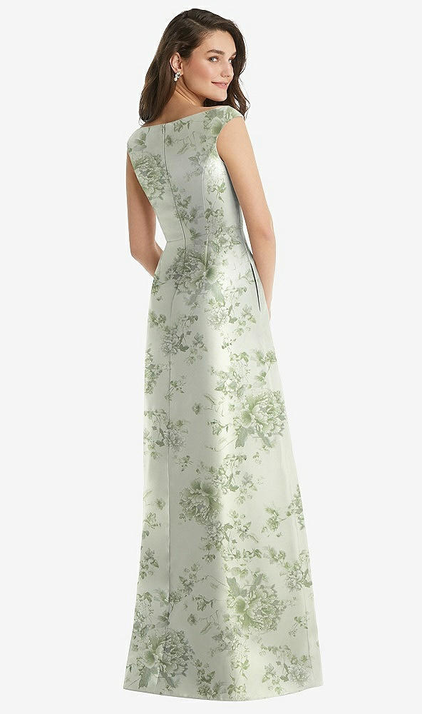 Back View - Cottage Rose Sage Off-the-Shoulder Draped Wrap Floral Satin Maxi Dress