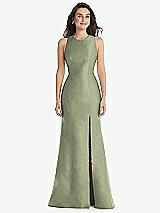 Front View Thumbnail - Sage Jewel Neck Bowed Open-Back Trumpet Dress with Front Slit