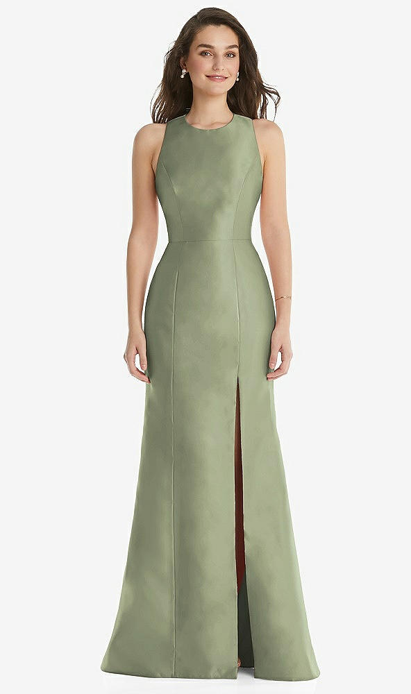 Front View - Sage Jewel Neck Bowed Open-Back Trumpet Dress with Front Slit