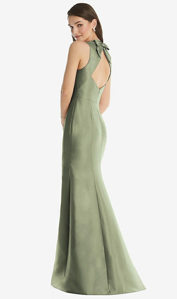 Back View - Sage Jewel Neck Bowed Open-Back Trumpet Dress with Front Slit