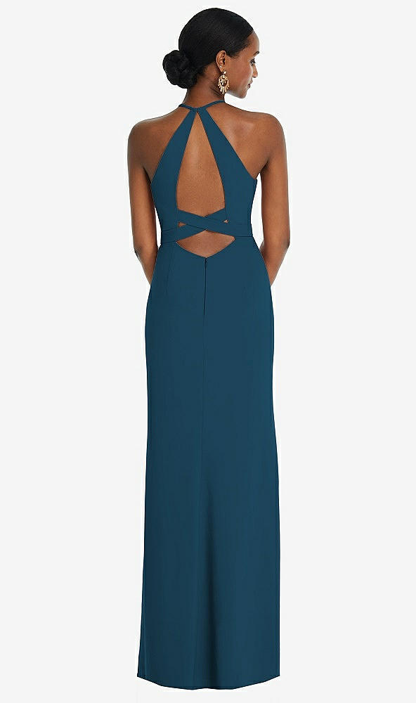 Front View - Atlantic Blue Halter Criss Cross Cutout Back Maxi Dress