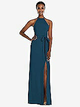 Rear View Thumbnail - Atlantic Blue Halter Criss Cross Cutout Back Maxi Dress