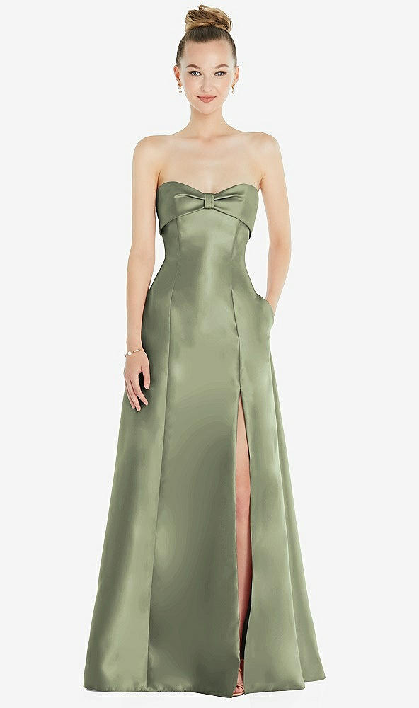 Front View - Sage Bow Cuff Strapless Satin Ball Gown with Pockets