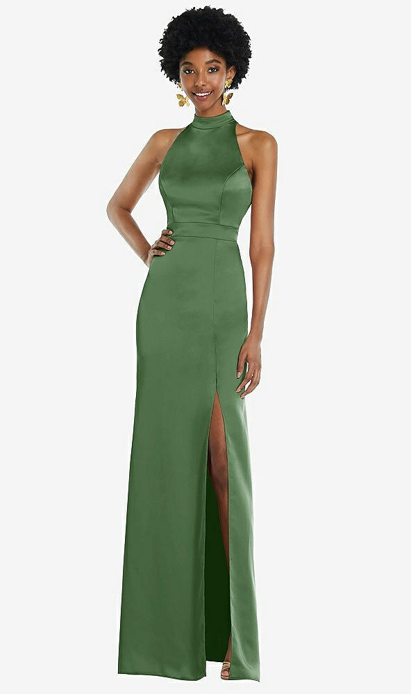 Back View - Vineyard Green High Neck Backless Maxi Dress with Slim Belt