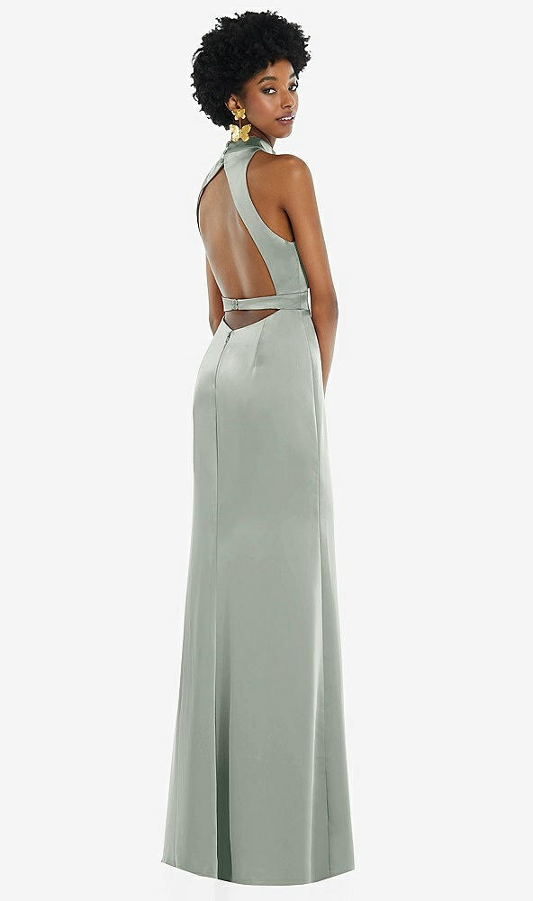 Front View - Willow Green High Neck Backless Maxi Dress with Slim Belt