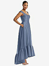 Side View Thumbnail - Larkspur Blue Cap Sleeve Deep Ruffle Hem Satin High Low Dress with Pockets