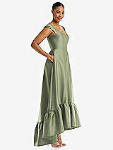 Side View Thumbnail - Sage Cap Sleeve Deep Ruffle Hem Satin High Low Dress with Pockets