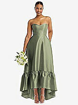 Front View Thumbnail - Sage Strapless Deep Ruffle Hem Satin High Low Dress with Pockets