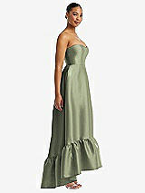 Side View Thumbnail - Sage Strapless Deep Ruffle Hem Satin High Low Dress with Pockets