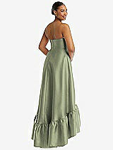 Rear View Thumbnail - Sage Strapless Deep Ruffle Hem Satin High Low Dress with Pockets