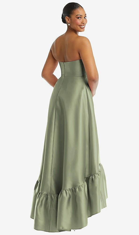 Back View - Sage Strapless Deep Ruffle Hem Satin High Low Dress with Pockets