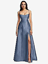 Front View Thumbnail - Larkspur Blue Open Neckline Cutout Satin Twill A-Line Gown with Pockets