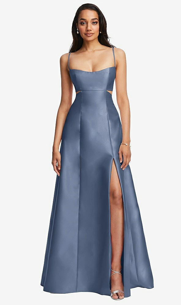 Front View - Larkspur Blue Open Neckline Cutout Satin Twill A-Line Gown with Pockets