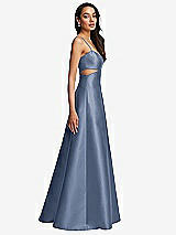 Side View Thumbnail - Larkspur Blue Open Neckline Cutout Satin Twill A-Line Gown with Pockets