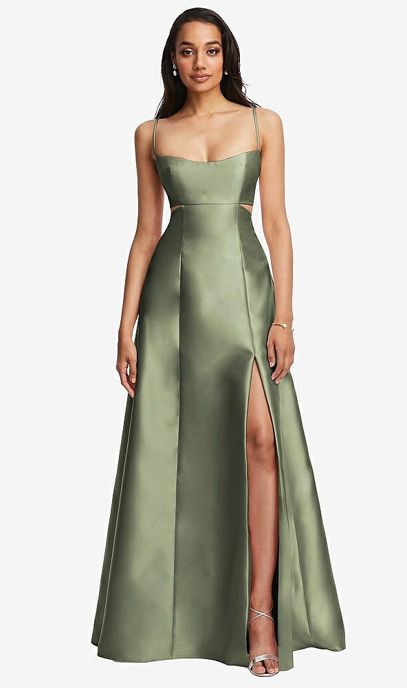 Front View - Sage Open Neckline Cutout Satin Twill A-Line Gown with Pockets