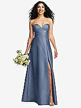 Front View Thumbnail - Larkspur Blue Strapless Bustier A-Line Satin Gown with Front Slit