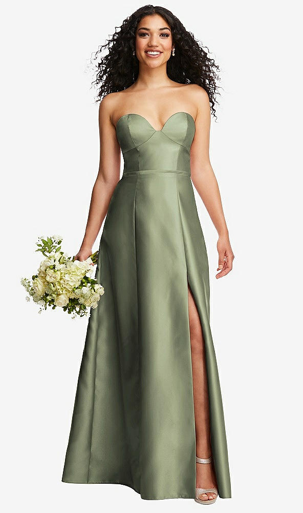 Front View - Sage Strapless Bustier A-Line Satin Gown with Front Slit