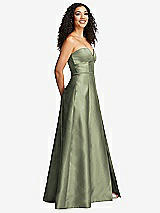 Side View Thumbnail - Sage Strapless Bustier A-Line Satin Gown with Front Slit