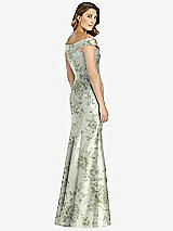 Rear View Thumbnail - Cottage Rose Sage Off-the-Shoulder Cuff Floral Trumpet Gown with Front Slit