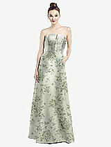 Front View Thumbnail - Cottage Rose Sage Strapless Notch Floral Satin Gown with Pockets