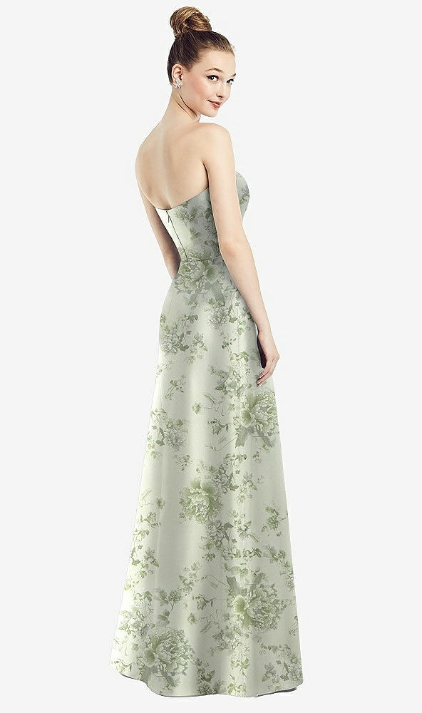 Back View - Cottage Rose Sage Strapless Notch Floral Satin Gown with Pockets