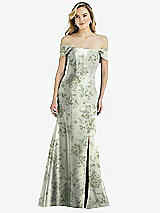 Front View Thumbnail - Cottage Rose Sage Off-the-Shoulder Bow-Back Floral Satin Trumpet Gown