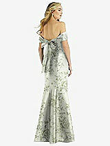 Rear View Thumbnail - Cottage Rose Sage Off-the-Shoulder Bow-Back Floral Satin Trumpet Gown