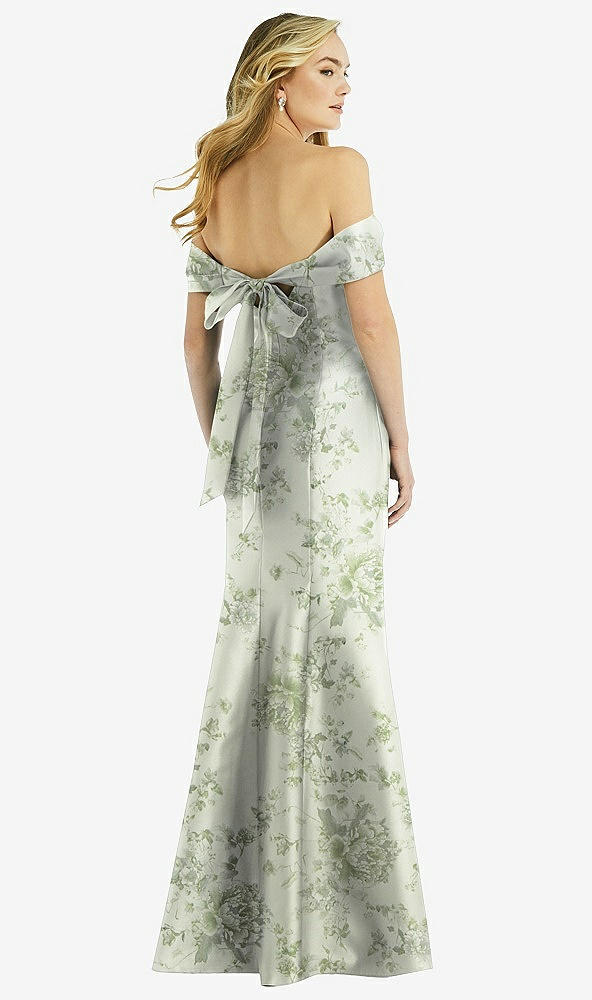 Back View - Cottage Rose Sage Off-the-Shoulder Bow-Back Floral Satin Trumpet Gown