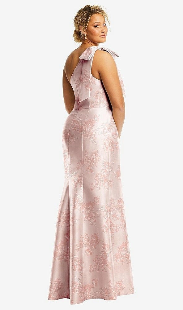 Back View - Bow And Blossom Print Bow One-Shoulder Floral Satin Trumpet Gown