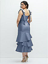 Front View Thumbnail - Larkspur Blue Bow-Shoulder Satin Midi Dress with Asymmetrical Tiered Skirt