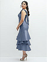 Side View Thumbnail - Larkspur Blue Bow-Shoulder Satin Midi Dress with Asymmetrical Tiered Skirt