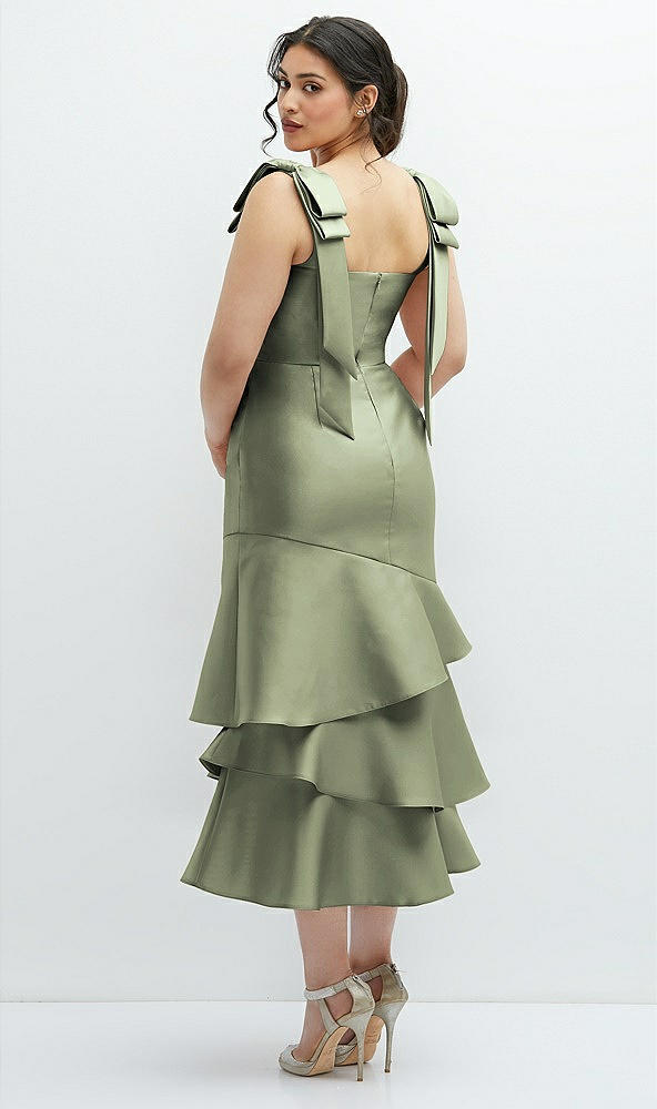 Front View - Sage Bow-Shoulder Satin Midi Dress with Asymmetrical Tiered Skirt