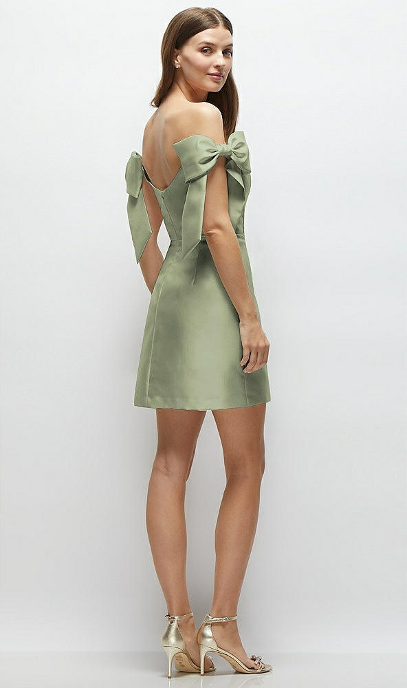 Back View - Sage Satin Off-the-Shoulder Bow Corset Fit and Flare Mini Dress