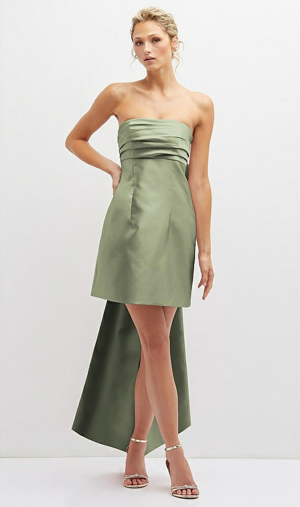 Front View - Sage Strapless Satin Column Mini Dress with Oversized Bow