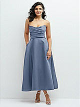 Front View Thumbnail - Larkspur Blue Draped Bodice Strapless Satin Midi Dress with Full Circle Skirt