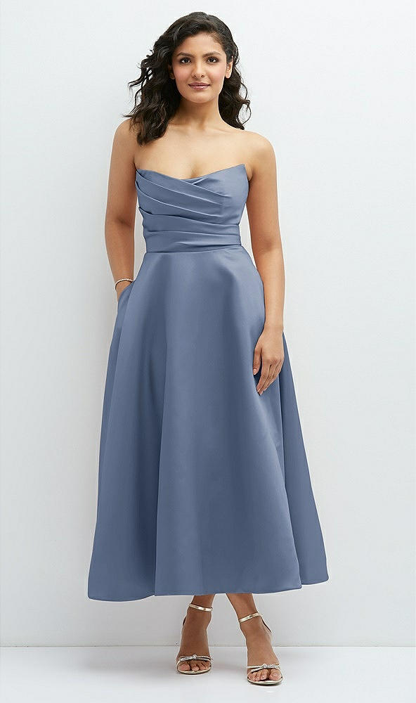 Front View - Larkspur Blue Draped Bodice Strapless Satin Midi Dress with Full Circle Skirt