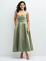 Front View Thumbnail - Sage Draped Bodice Strapless Satin Midi Dress with Full Circle Skirt