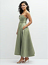 Side View Thumbnail - Sage Draped Bodice Strapless Satin Midi Dress with Full Circle Skirt