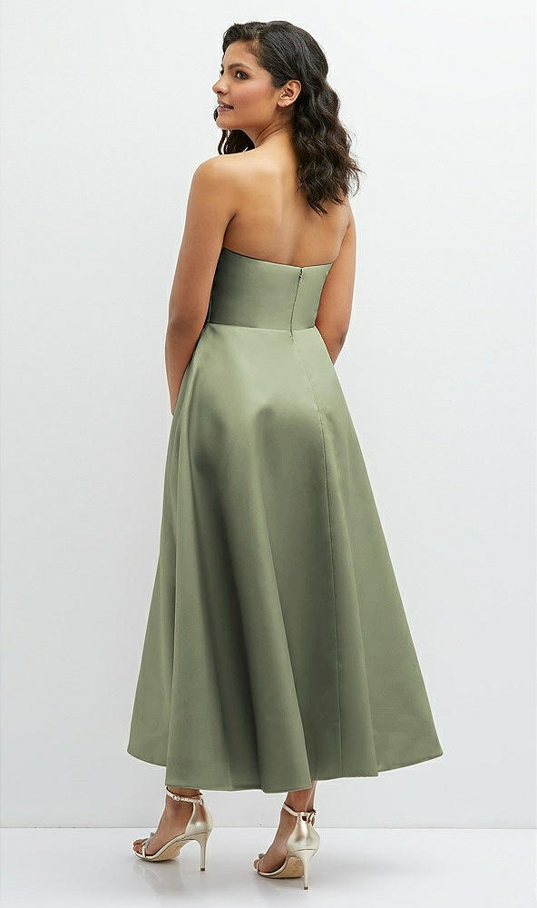 Back View - Sage Draped Bodice Strapless Satin Midi Dress with Full Circle Skirt