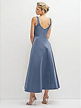 Rear View Thumbnail - Larkspur Blue Square Neck Satin Midi Dress with Full Skirt & Pockets