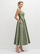 Side View Thumbnail - Sage Square Neck Satin Midi Dress with Full Skirt & Pockets