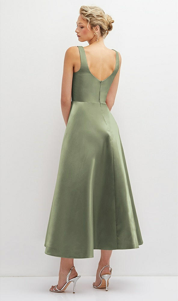 Back View - Sage Square Neck Satin Midi Dress with Full Skirt & Pockets