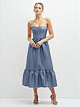 Front View Thumbnail - Larkspur Blue Strapless Satin Midi Corset Dress with Lace-Up Back & Ruffle Hem