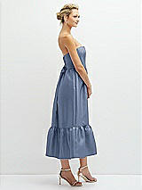 Side View Thumbnail - Larkspur Blue Strapless Satin Midi Corset Dress with Lace-Up Back & Ruffle Hem