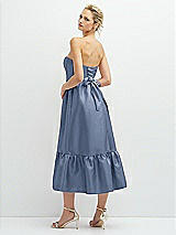 Rear View Thumbnail - Larkspur Blue Strapless Satin Midi Corset Dress with Lace-Up Back & Ruffle Hem