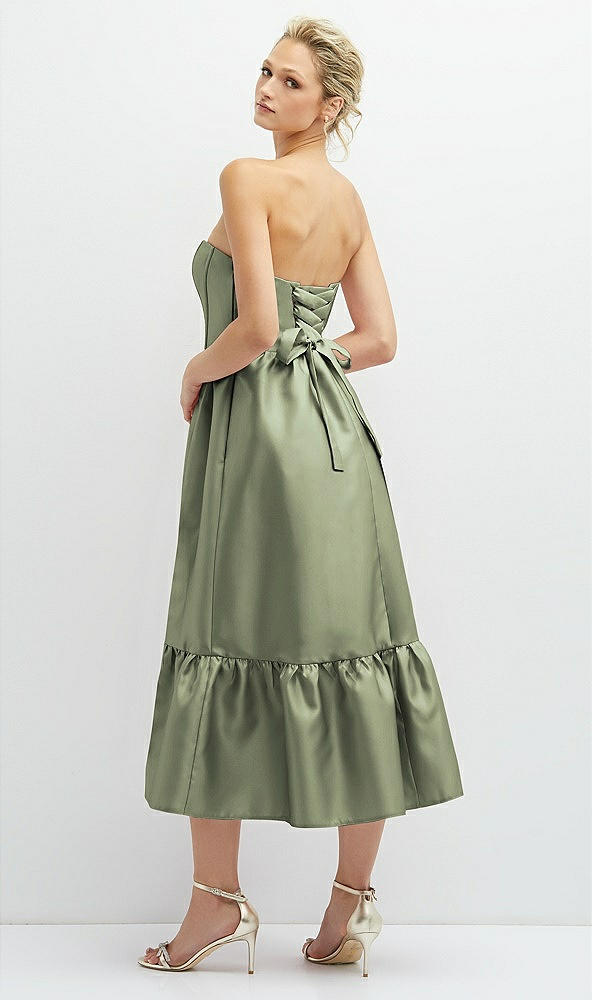 Back View - Sage Strapless Satin Midi Corset Dress with Lace-Up Back & Ruffle Hem